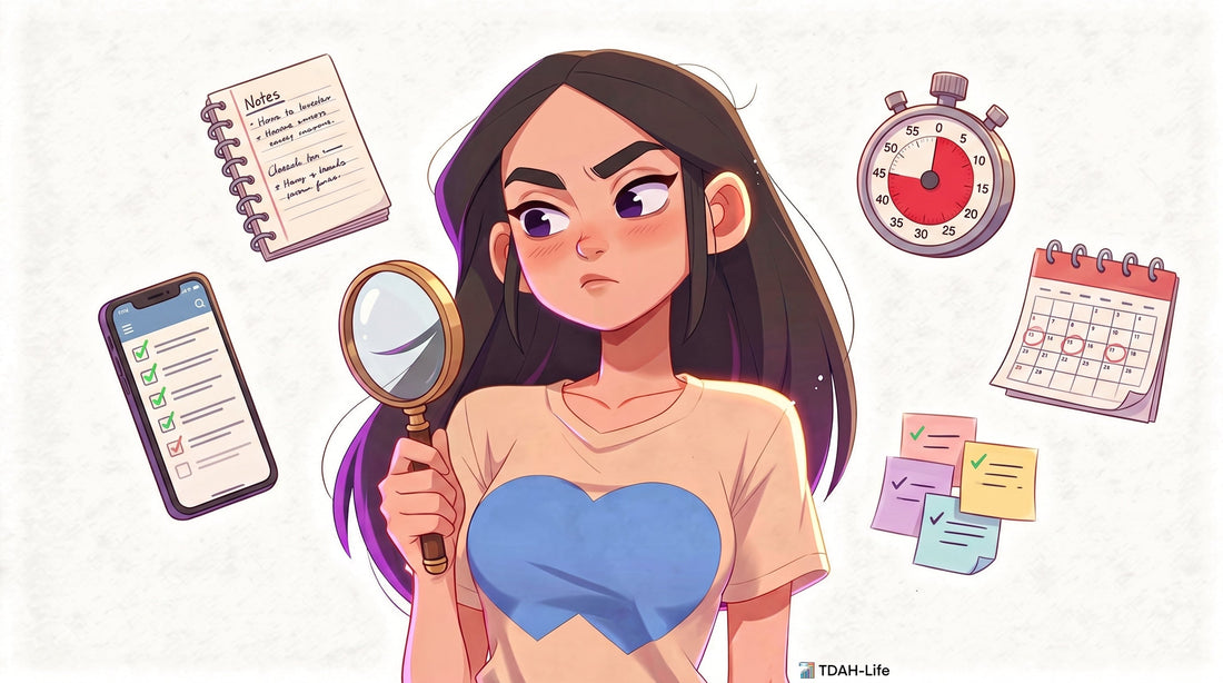 Illustration personnage TDAH comparant différents outils d'organisation