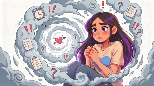 Illustration personnage TDAH submergé par l'anxiété et les pensées qui s'accumulent